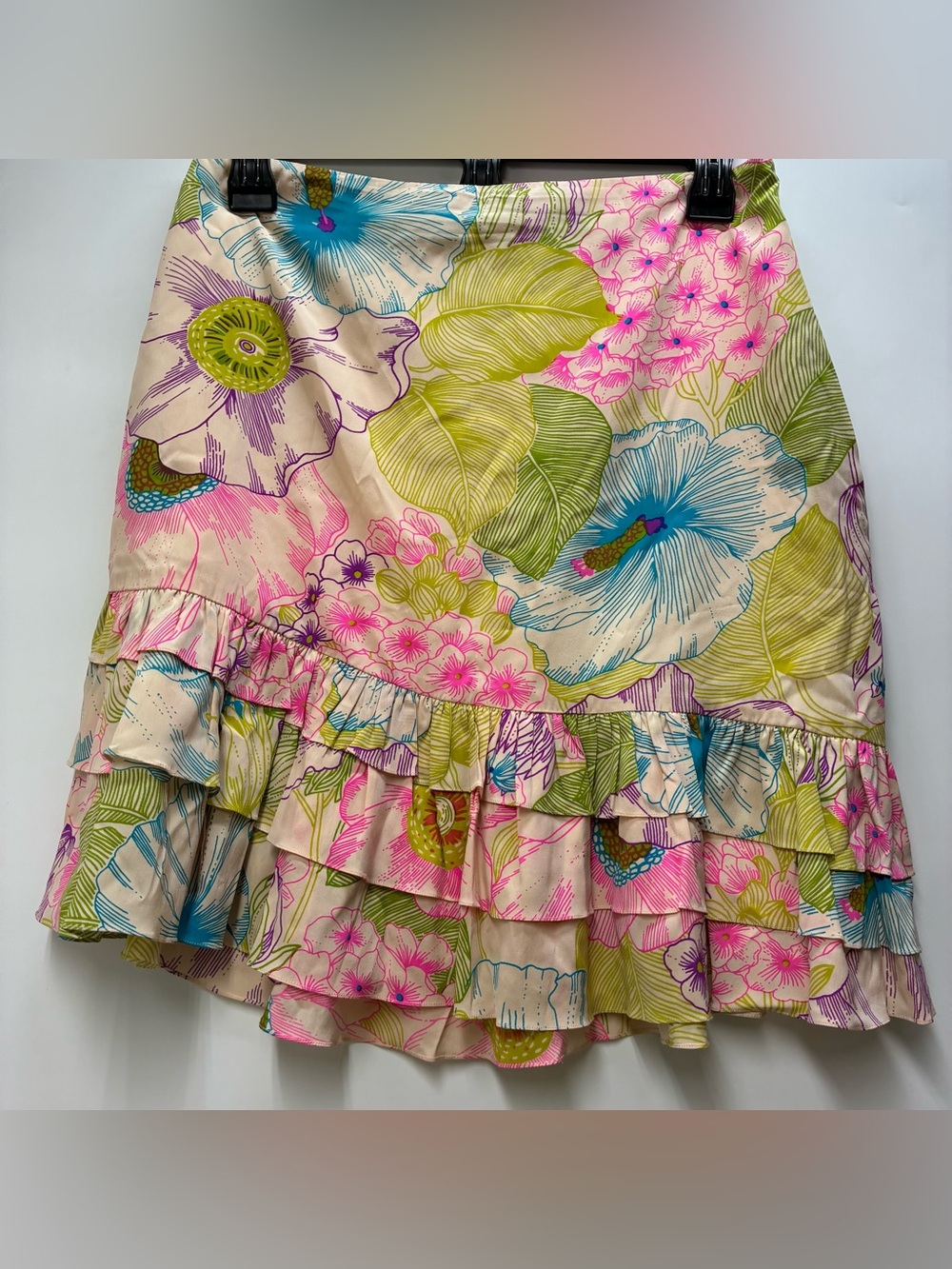 Tibi 2 Silk Colorful Floral Ruffle Mini Skirt Pink Feminine Cruise Bright Vaca